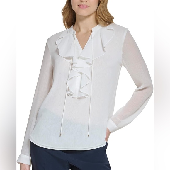 TOMMY HILFIGER Women's Classic Long Sleeve Ruffle Front Blouse - Ivory - Picture 2 of 9